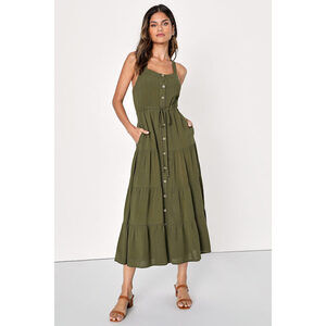 Lulus See The City Olive Green Button-front Tiered Midi Dress - Size L